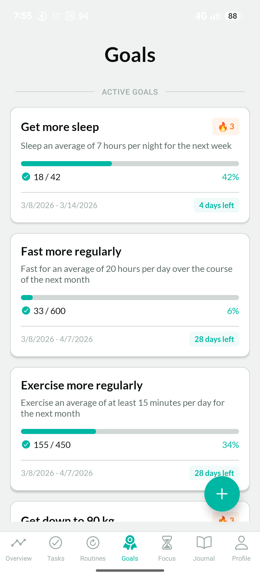 Goals list showing active goals with progress indicators