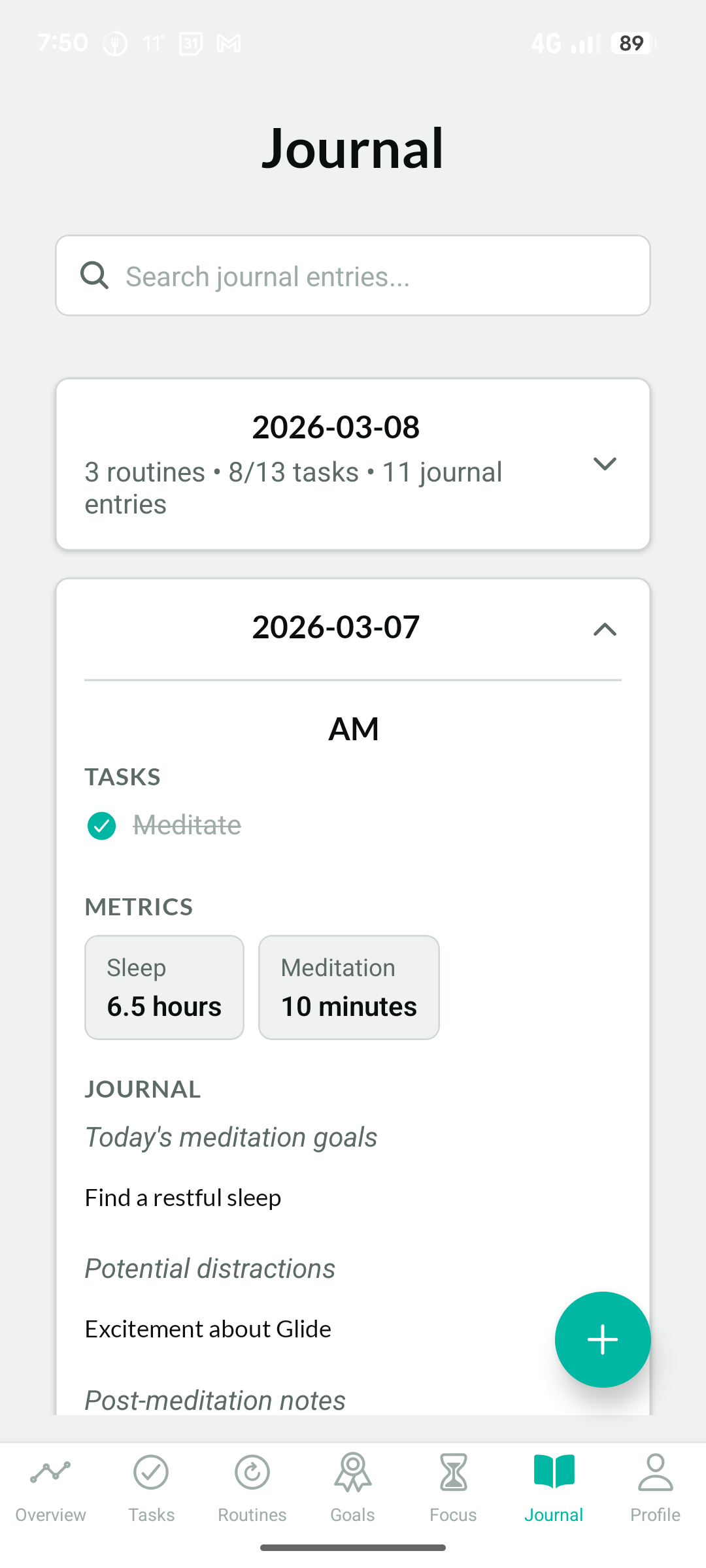 Journal screen showing daily mood log and free-form entry