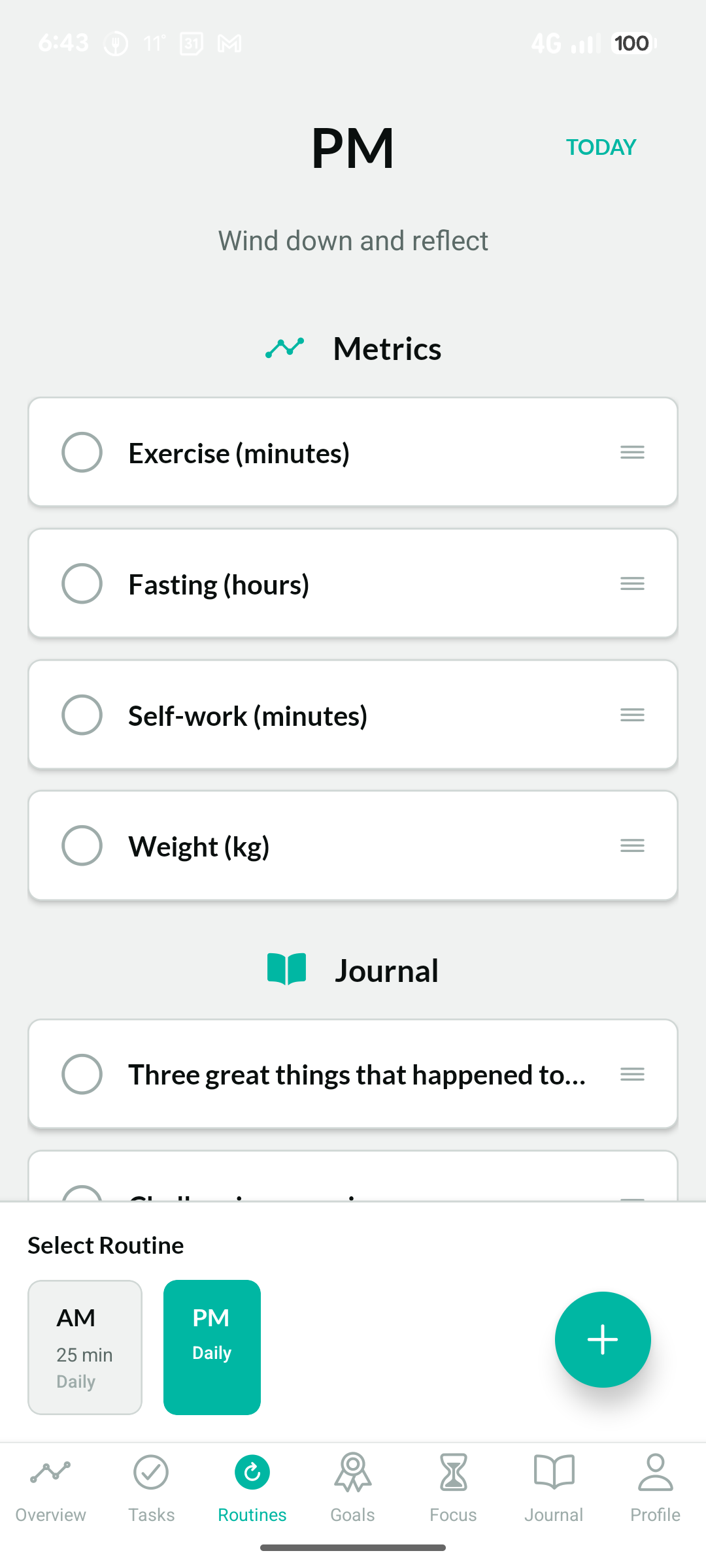An individual routine with task steps, metrics, and journal prompts