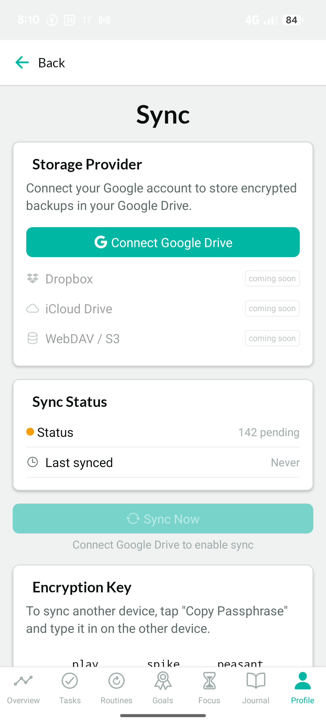 Sync screen showing encryption key and Google Drive connection