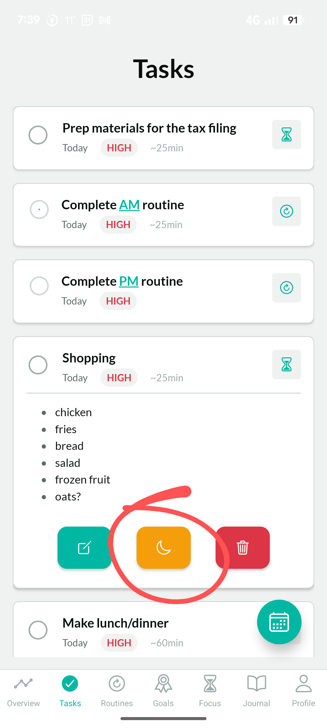 Task expanded with stash button highlighted