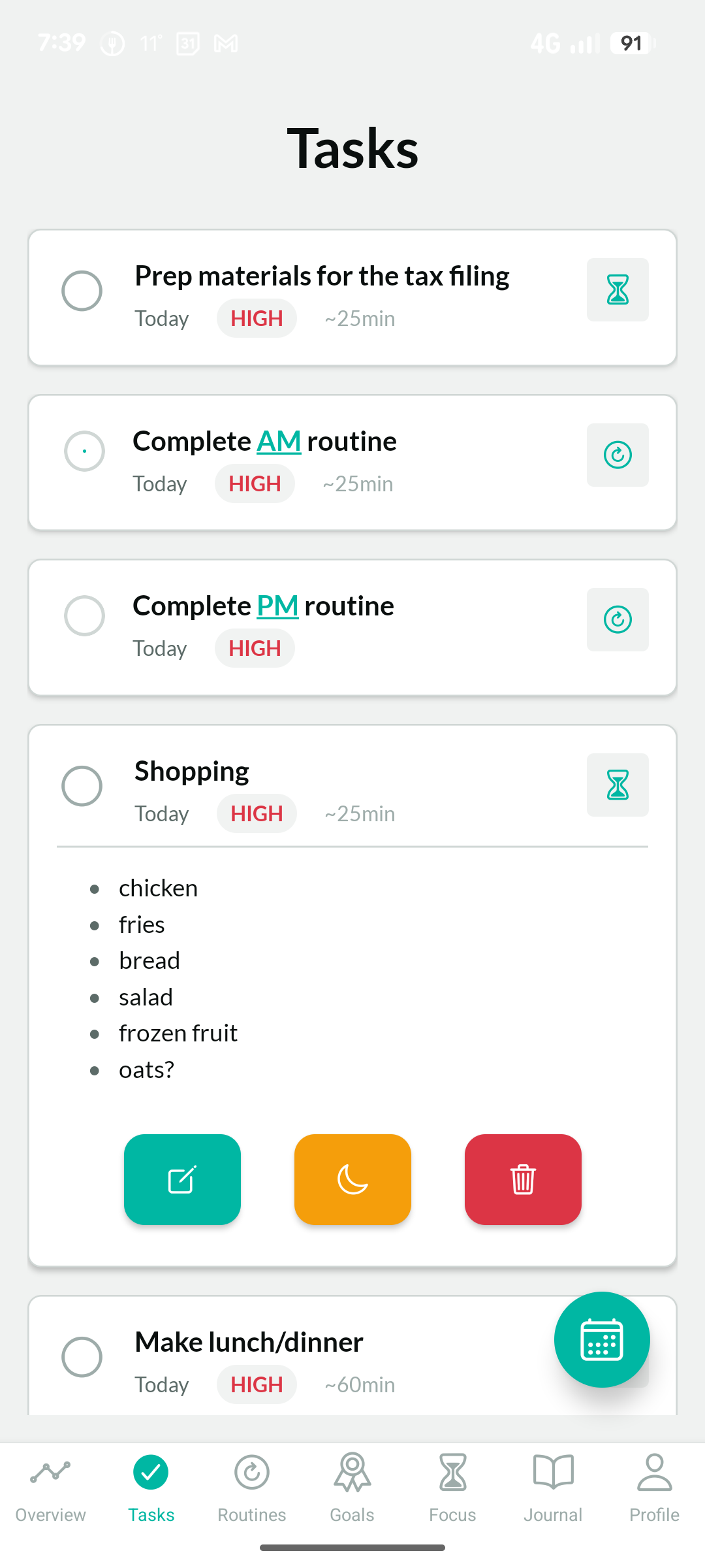 Active task list with a task expanded to show notes and action buttons
