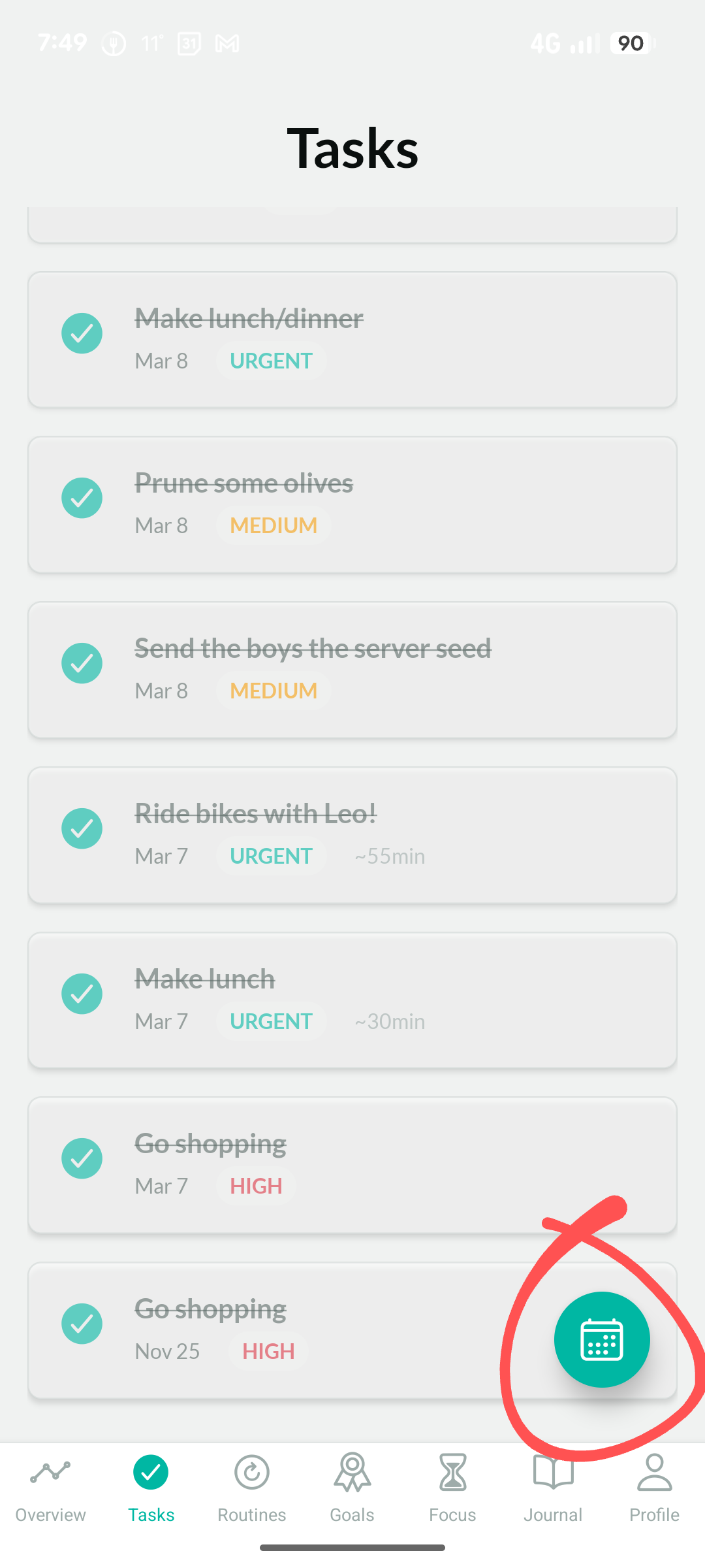 Past tasks with the calendar button highlighted