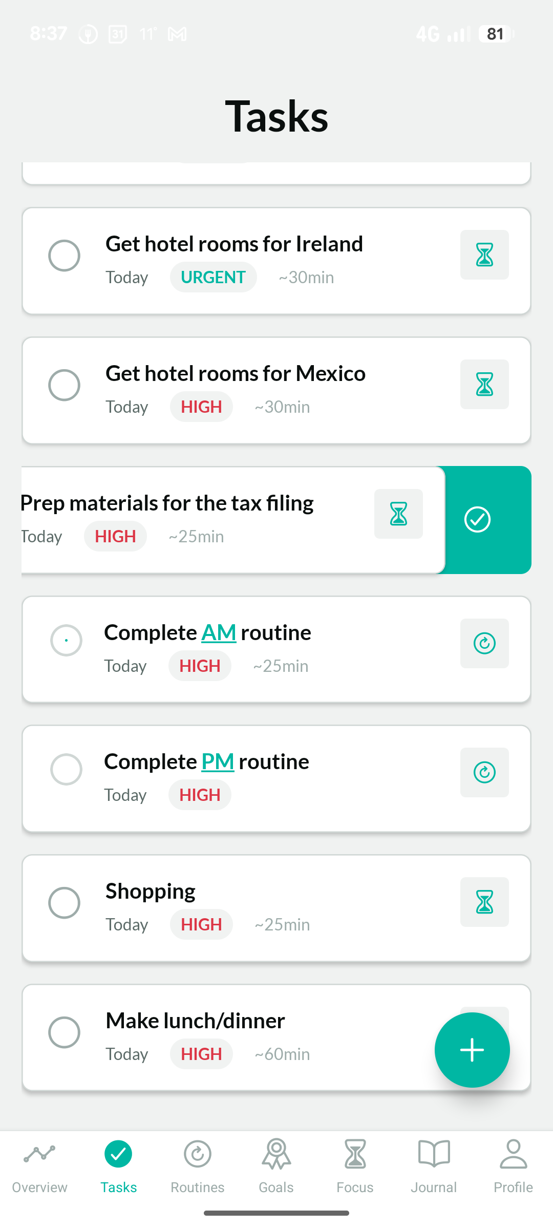 Swiping left on a task to mark it done