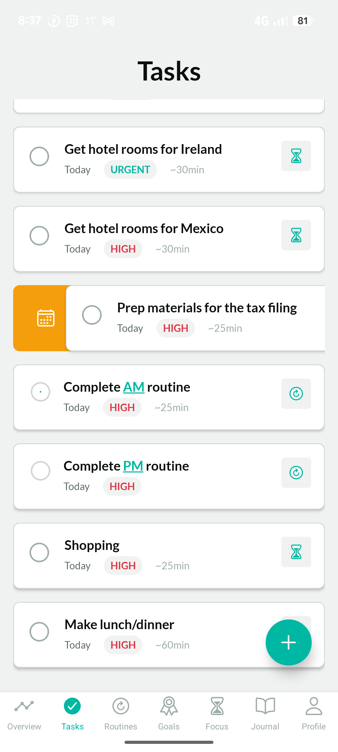 Swiping right on a task to defer it